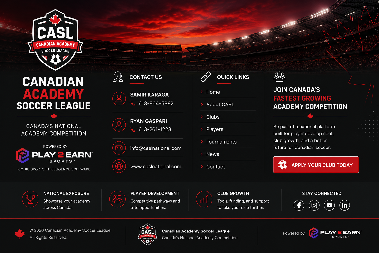 Canadian Academy Soccer League (CASL) footer with contact information, quick links, club application, and Play 2 Earn Sports
