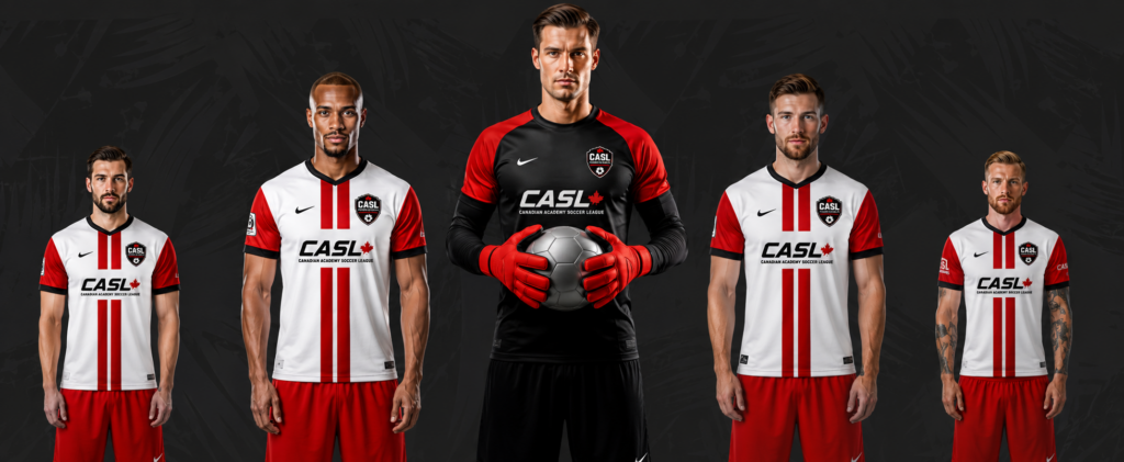 CASL National players wearing official Canadian Academy Soccer League home and goalkeeper uniforms.